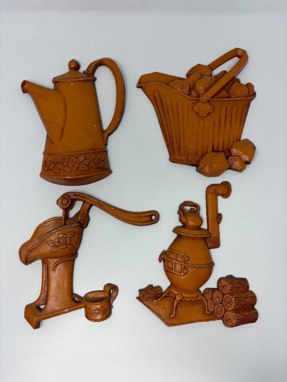 Vtg Sexton Cast Metal Orange Coffee Teapot Coal Stove Wall Hangings Cottagecore